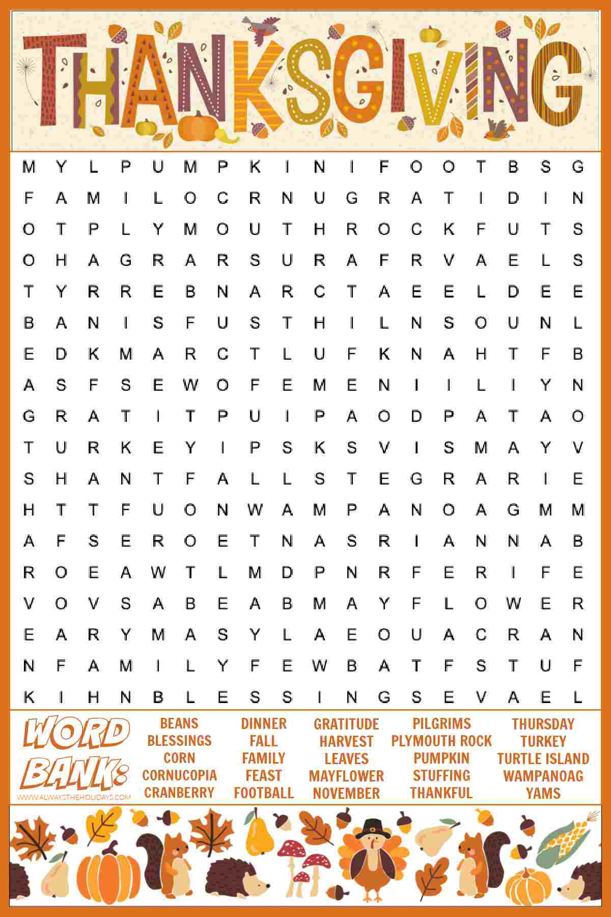 free thanksgiving word search printable - with answers included